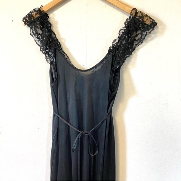 Vintage Black Nightgown Long Liquid Satin Nylon Lace Union Made Womens Medium - Picture 8 of 12